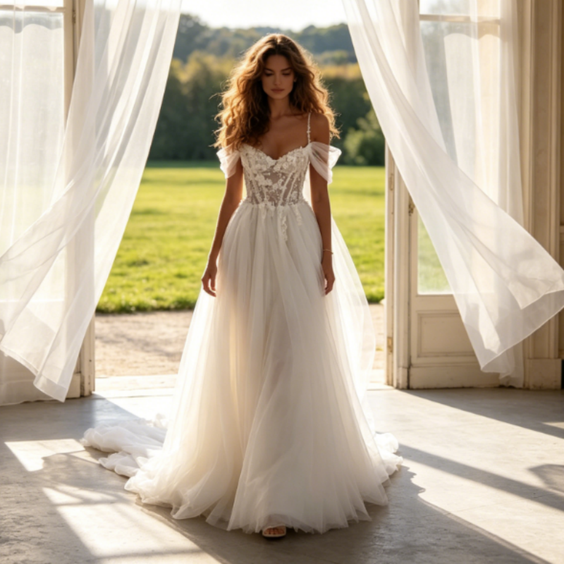 Elfenbeinweißes A-Linien Abendkleid mit floraler Spitze – Voluminöse Chiffon-Robe mit Spaghetti-Trägern & Schleppe