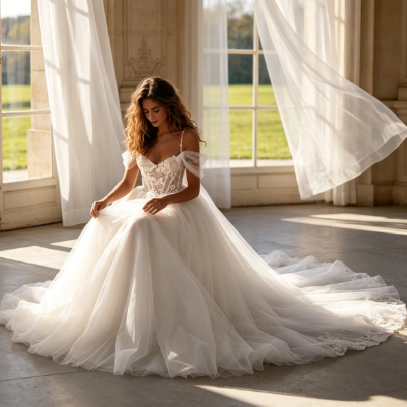 Elfenbeinweißes A-Linien Abendkleid mit floraler Spitze – Voluminöse Chiffon-Robe mit Spaghetti-Trägern & Schleppe