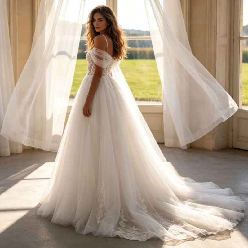 Elfenbeinweißes A-Linien Abendkleid mit floraler Spitze – Voluminöse Chiffon-Robe mit Spaghetti-Trägern & Schleppe