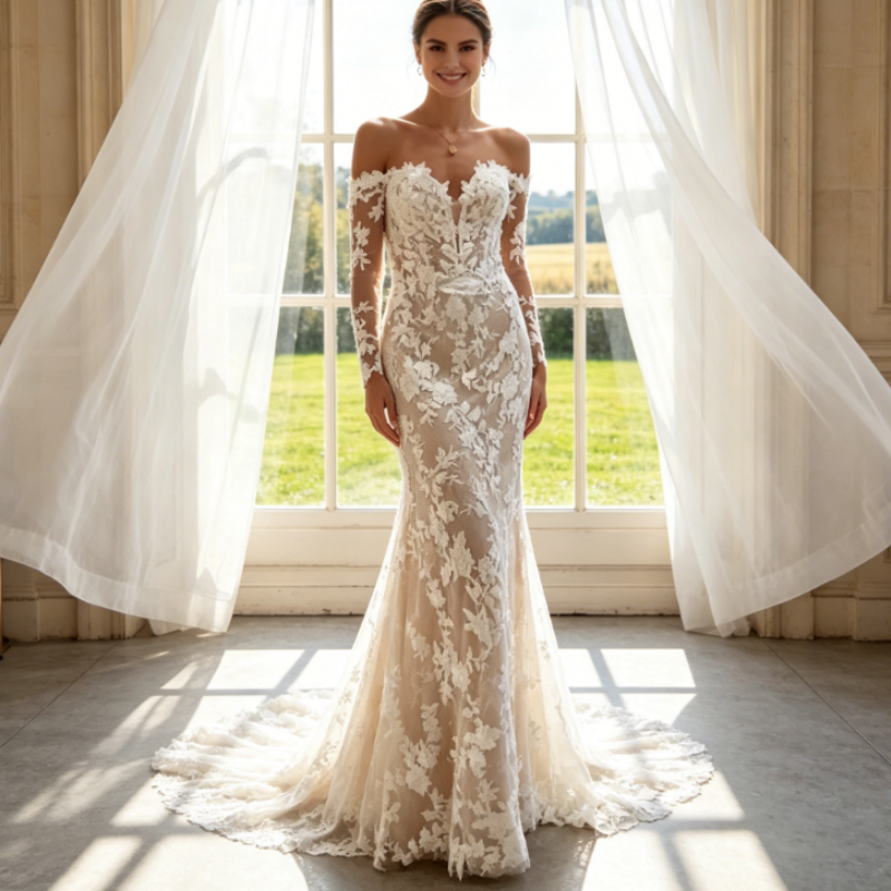 Elegantes Abendkleid mit Bestickter Spitze – Meerjungfrau-Stil & Off-Shoulder – Elfenbein