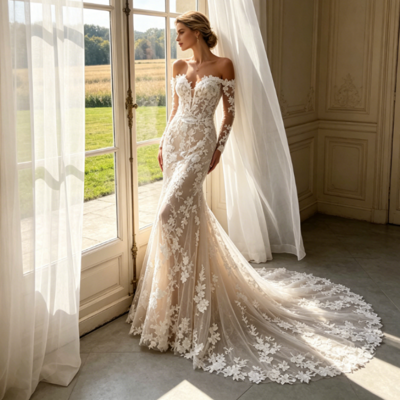 Elegantes Abendkleid mit Bestickter Spitze – Meerjungfrau-Stil & Off-Shoulder – Elfenbein
