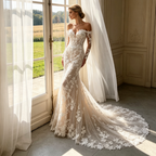 Elegantes Abendkleid mit Bestickter Spitze – Meerjungfrau-Stil & Off-Shoulder – Elfenbein