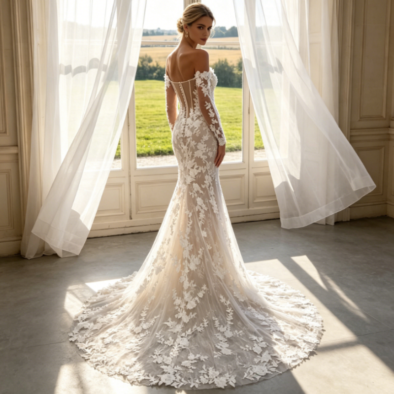 Elegantes Abendkleid mit Bestickter Spitze – Meerjungfrau-Stil & Off-Shoulder – Elfenbein