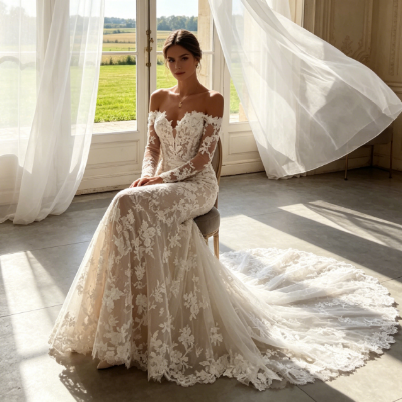 Elegantes Abendkleid mit Bestickter Spitze – Meerjungfrau-Stil & Off-Shoulder – Elfenbein