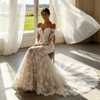 Elegantes Abendkleid mit Bestickter Spitze – Meerjungfrau-Stil & Off-Shoulder – Elfenbein