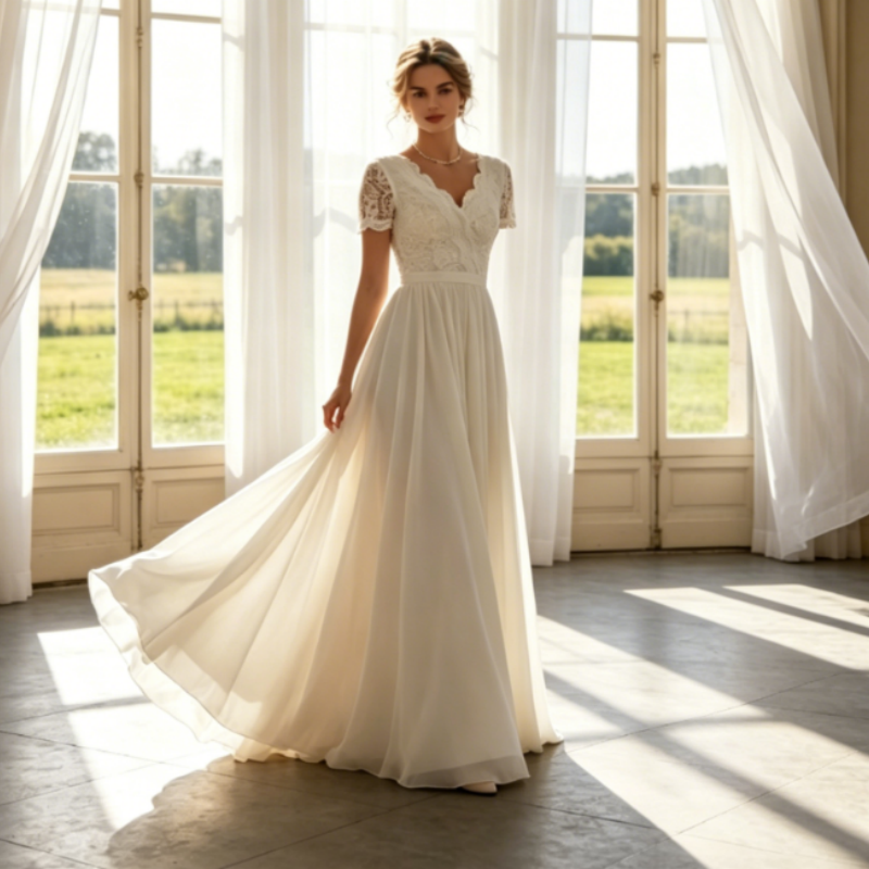 Elegantes Maxikleid mit Vintage-Spitze – Fließender Chiffon & V-Ausschnitt – Elfenbein