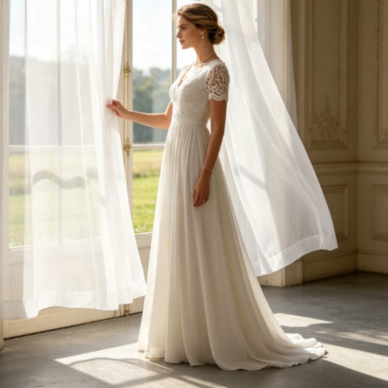 Elegantes Maxikleid mit Vintage-Spitze – Fließender Chiffon & V-Ausschnitt – Elfenbein