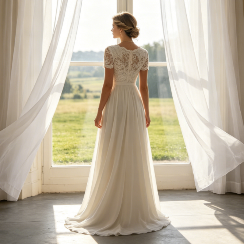 Elegantes Maxikleid mit Vintage-Spitze – Fließender Chiffon & V-Ausschnitt – Elfenbein