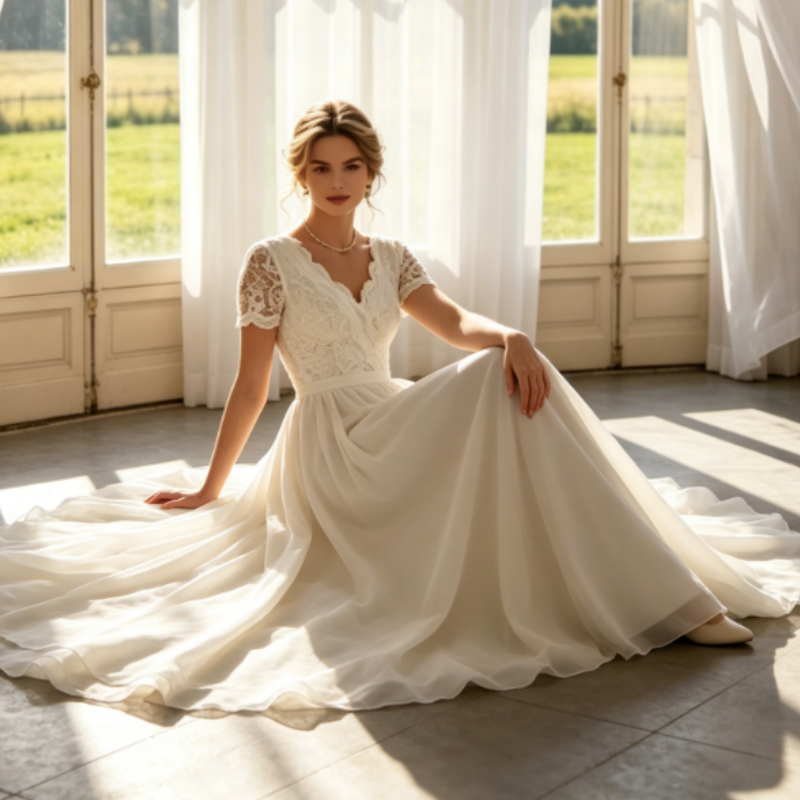 Elegantes Maxikleid mit Vintage-Spitze – Fließender Chiffon & V-Ausschnitt – Elfenbein