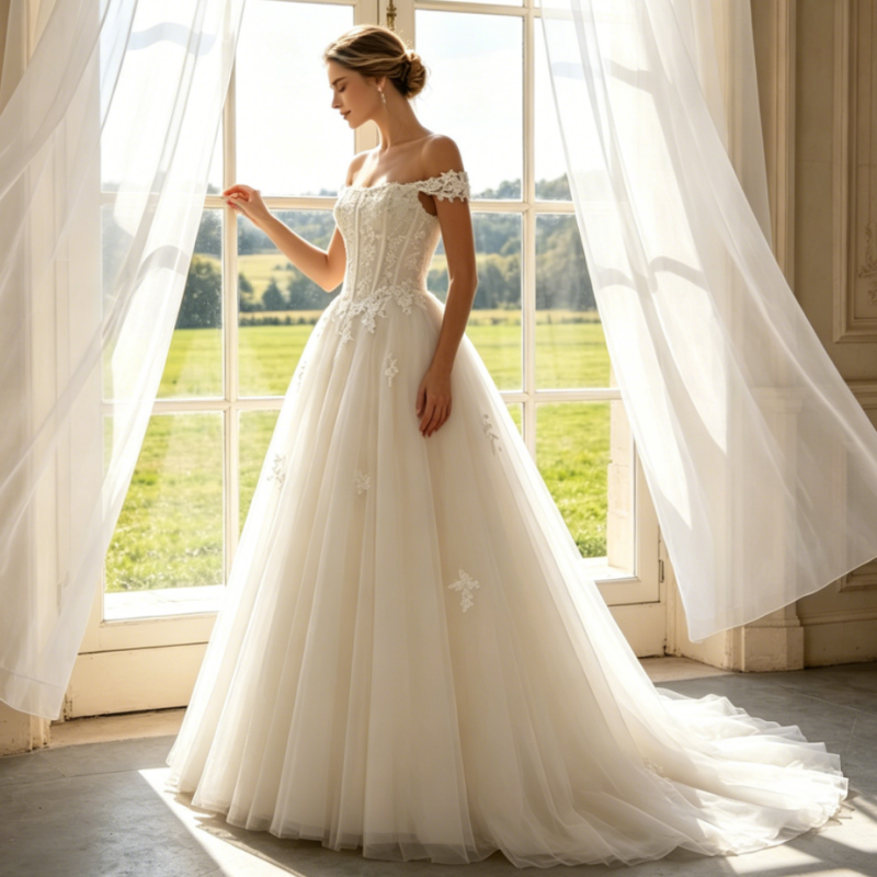 Voluminöses Ballkleid mit Spitze – Schulterfreies Festliches Kleid für Große Auftritte
