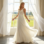 Elegantes Abendkleid mit Bestickter Spitze – Fließendes Maxikleid in A-Linie – Elfenbein