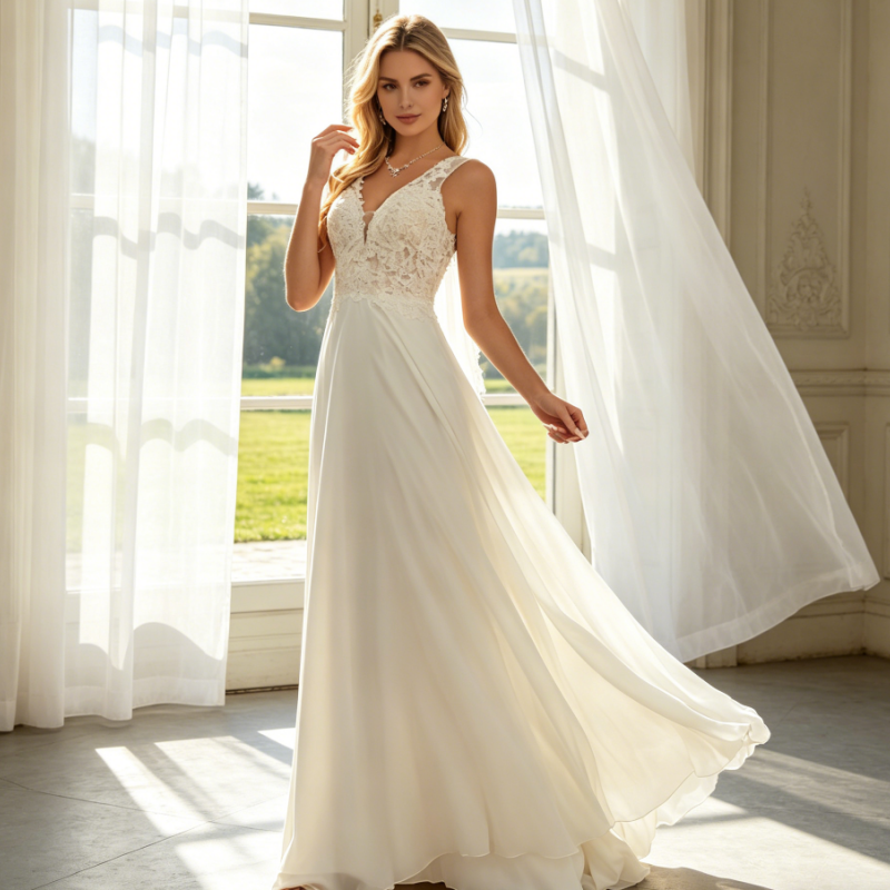 Elegantes Abendkleid mit Bestickter Spitze – Fließendes Maxikleid in A-Linie – Elfenbein