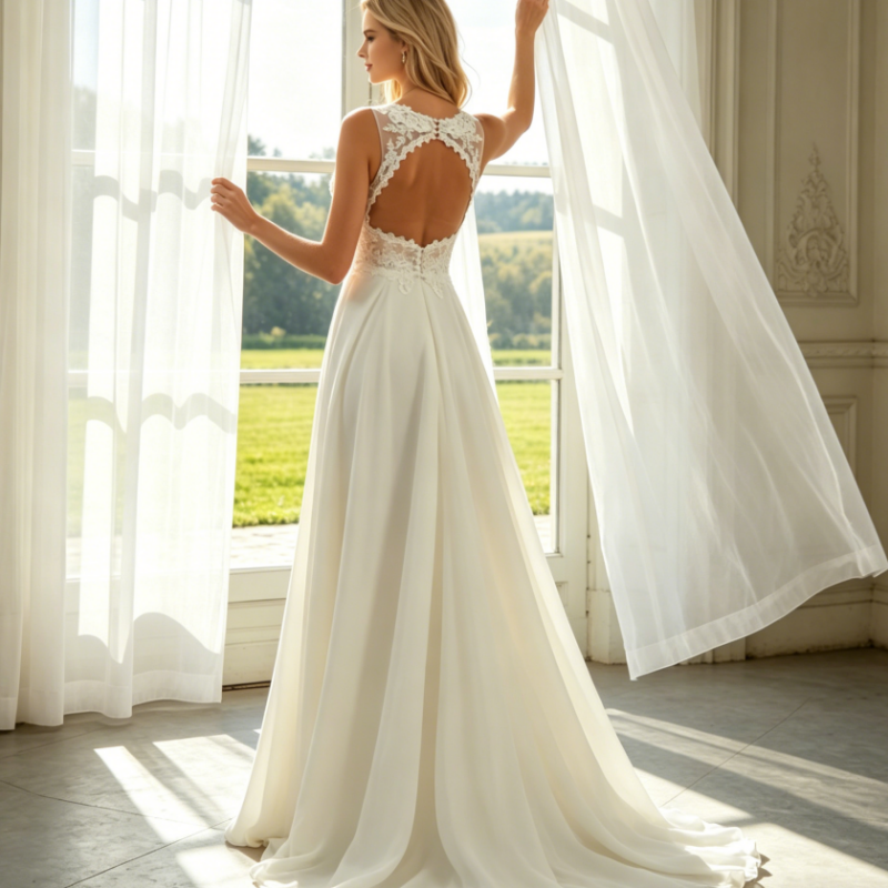 Elegantes Abendkleid mit Bestickter Spitze – Fließendes Maxikleid in A-Linie – Elfenbein