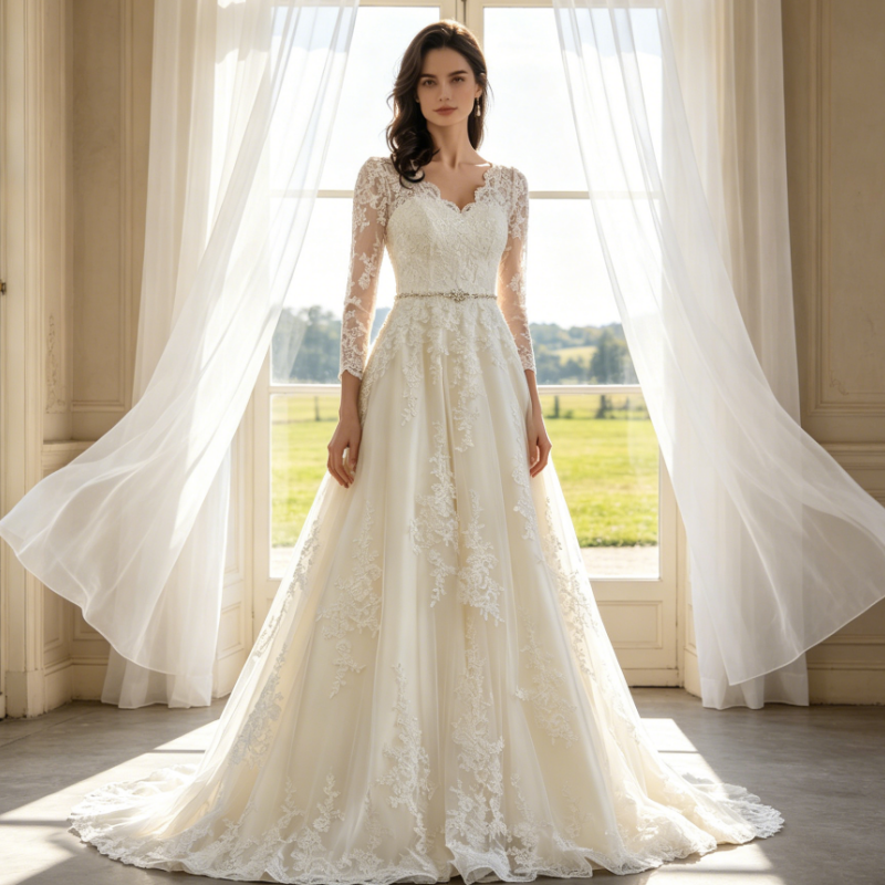 Elegantes Abendkleid mit Langen Spitzenärmeln – A-Linie Maxikleid mit Kristall-Gürtel