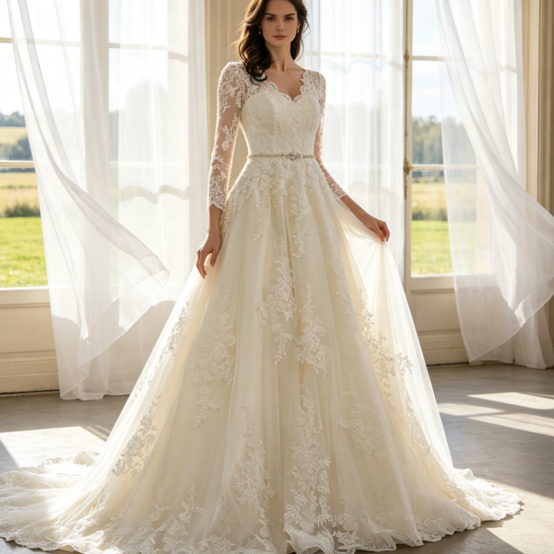 Elegantes Abendkleid mit Langen Spitzenärmeln – A-Linie Maxikleid mit Kristall-Gürtel