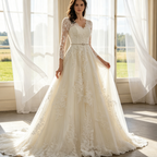 Elegantes Abendkleid mit Langen Spitzenärmeln – A-Linie Maxikleid mit Kristall-Gürtel