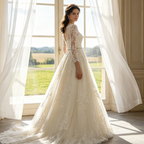 Elegantes Abendkleid mit Langen Spitzenärmeln – A-Linie Maxikleid mit Kristall-Gürtel