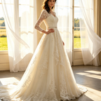 Elegantes Abendkleid mit Langen Spitzenärmeln – A-Linie Maxikleid mit Kristall-Gürtel