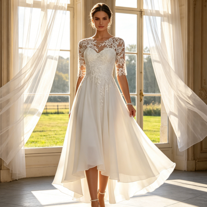 Elegantes Vokuhila-Abendkleid mit Spitze –Chiffonkleid – Elfenbein