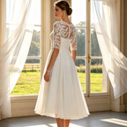 Elegantes Vokuhila-Abendkleid mit Spitze –Chiffonkleid – Elfenbein