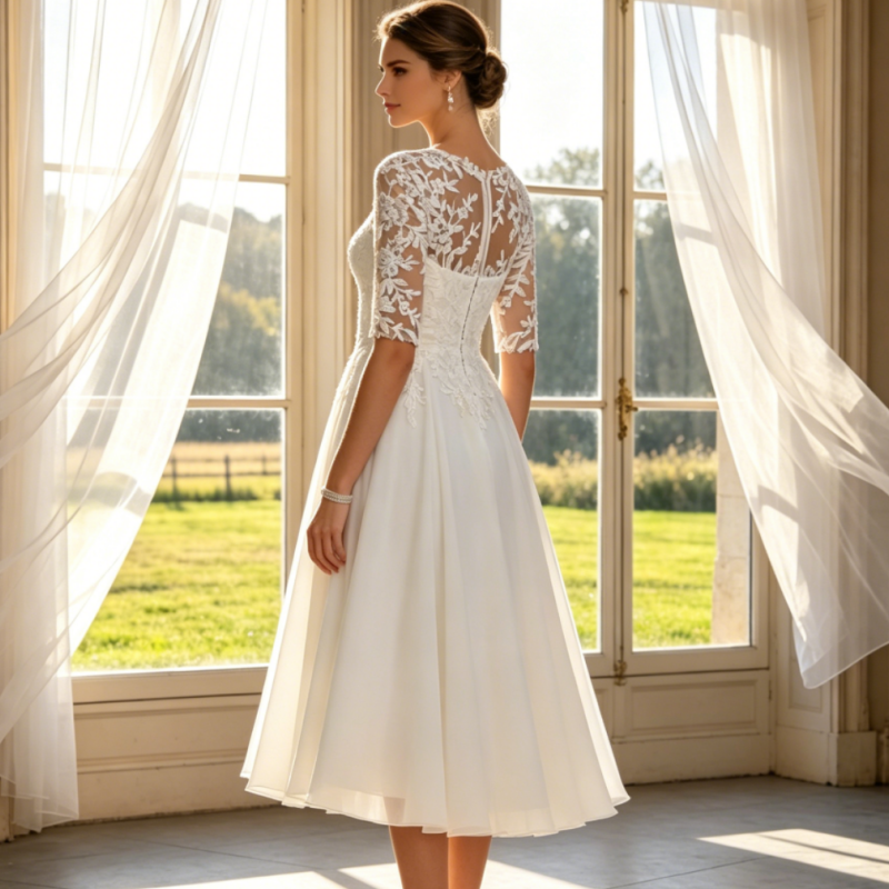 Elegantes Vokuhila-Abendkleid mit Spitze –Chiffonkleid – Elfenbein