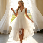 Elegantes Midikleid Vokuhila-Abendkleid aus Tüll – Mehrlagiges High-Low Design – Elfenbein
