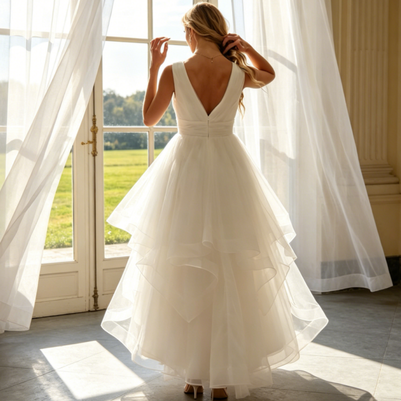 Elegantes Midikleid Vokuhila-Abendkleid aus Tüll – Mehrlagiges High-Low Design – Elfenbein