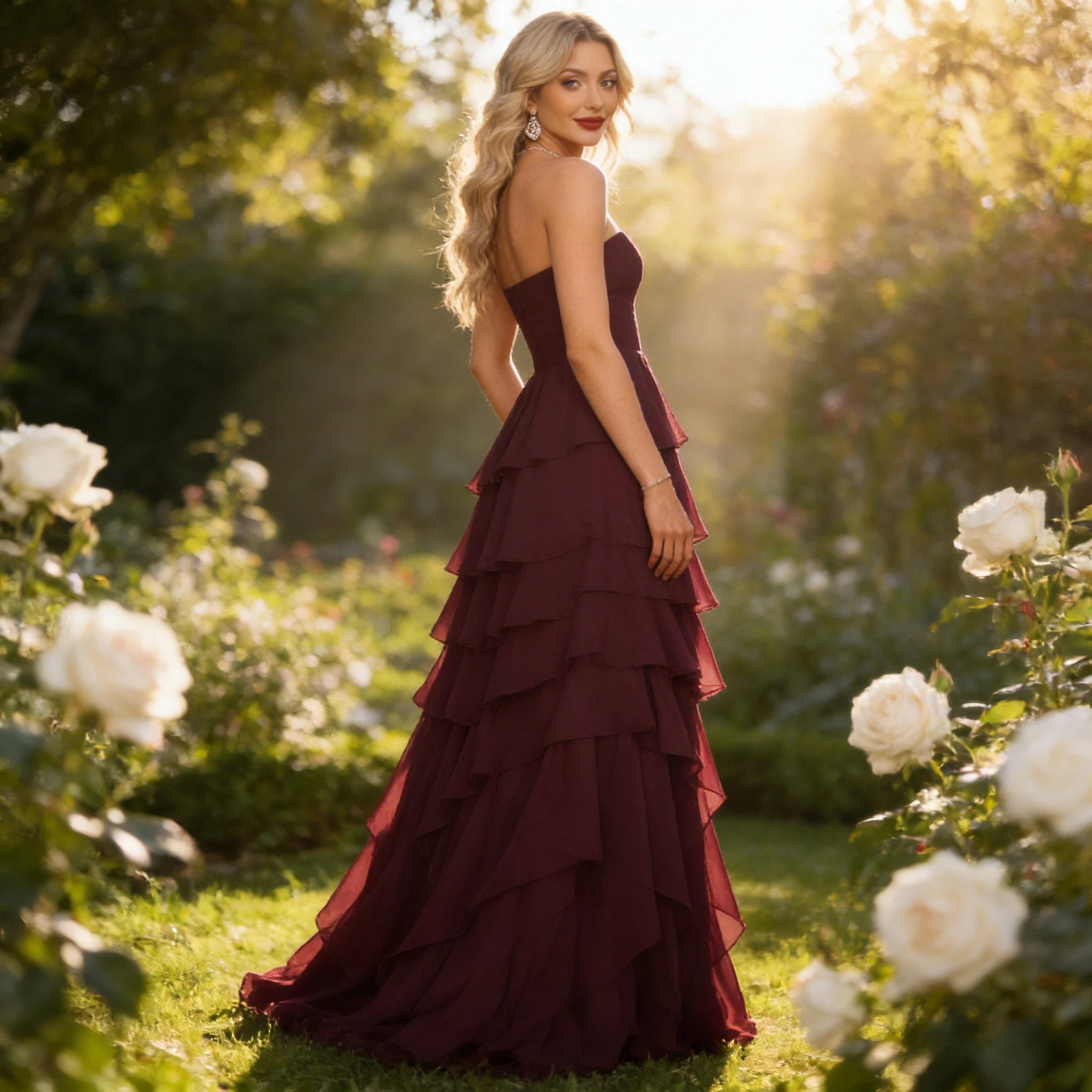 Elegantes Abendkleid Weinrot Trägerlos mit Kaskaden-Rüschen und Stufen-Saum