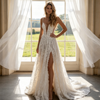 Abendrobe mit tiefem V-Ausschnitt und Beinschlitz – Besticktes Maxikleid in Elfenbein