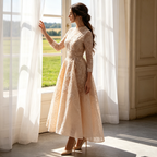 Besticktes Midikleid für Damen, Champagnerfarben, A-Linie mit Pailletten, Elegantes Abendkleid mit 3/4-Arm