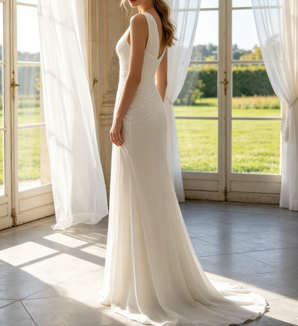 Exklusives Maxikleid in strahlendem Weiß – Elegantes Meerjungfrau-Modell mit modernem Karree-Ausschnitt und edler Pinsel-Schleppe