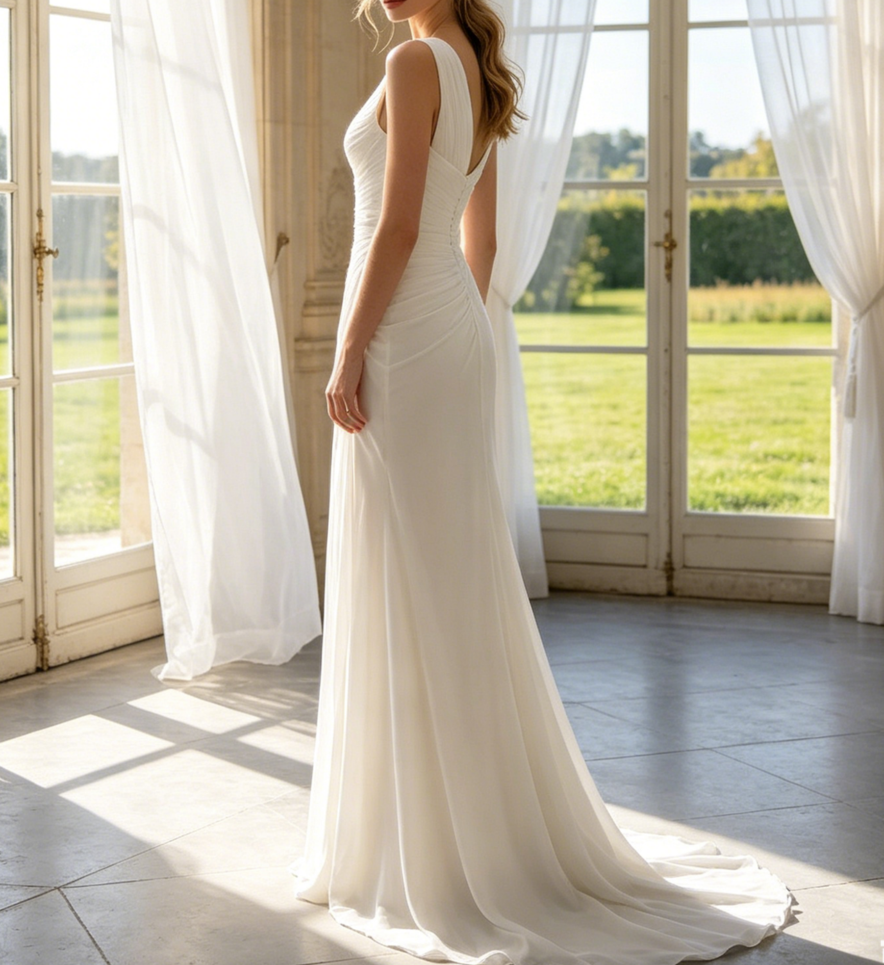 Exklusives Maxikleid in strahlendem Weiß – Elegantes Meerjungfrau-Modell mit modernem Karree-Ausschnitt und edler Pinsel-Schleppe