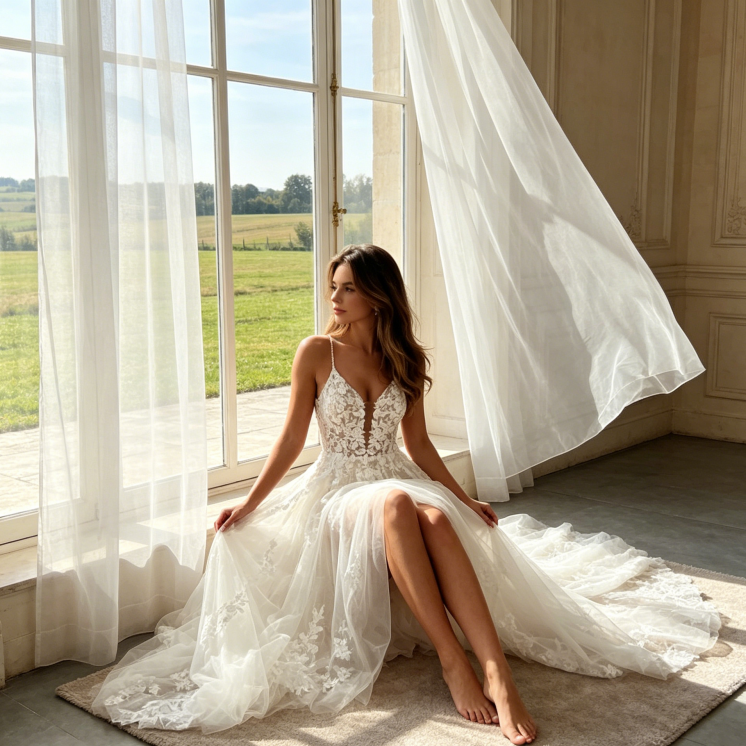Maxikleid mit floraler Stickerei und Tüllrock – Ärmellos – Elfenbein
