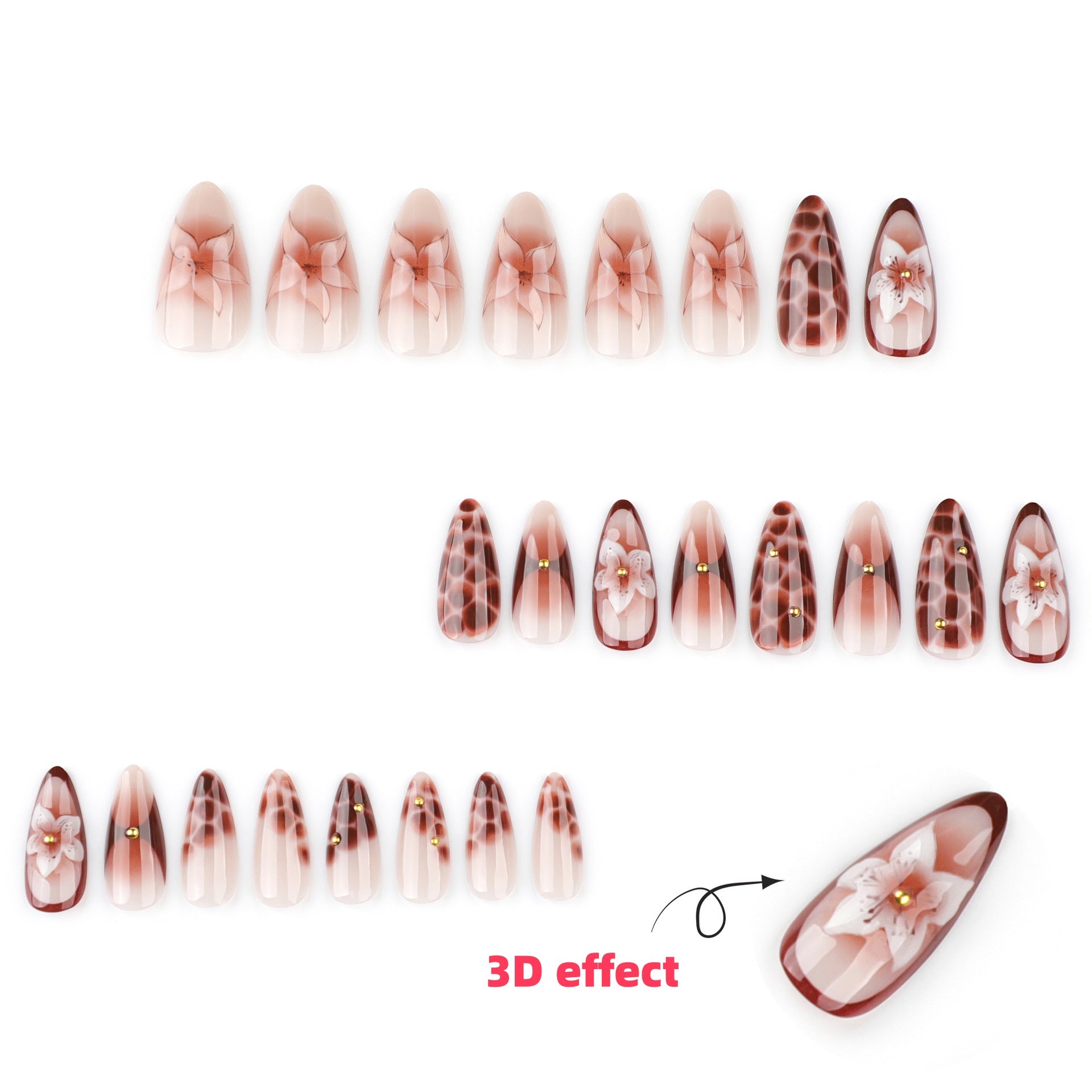 Almond Nägel Press On Nails mit Braunen Marmor Rissen und 3D Blüten