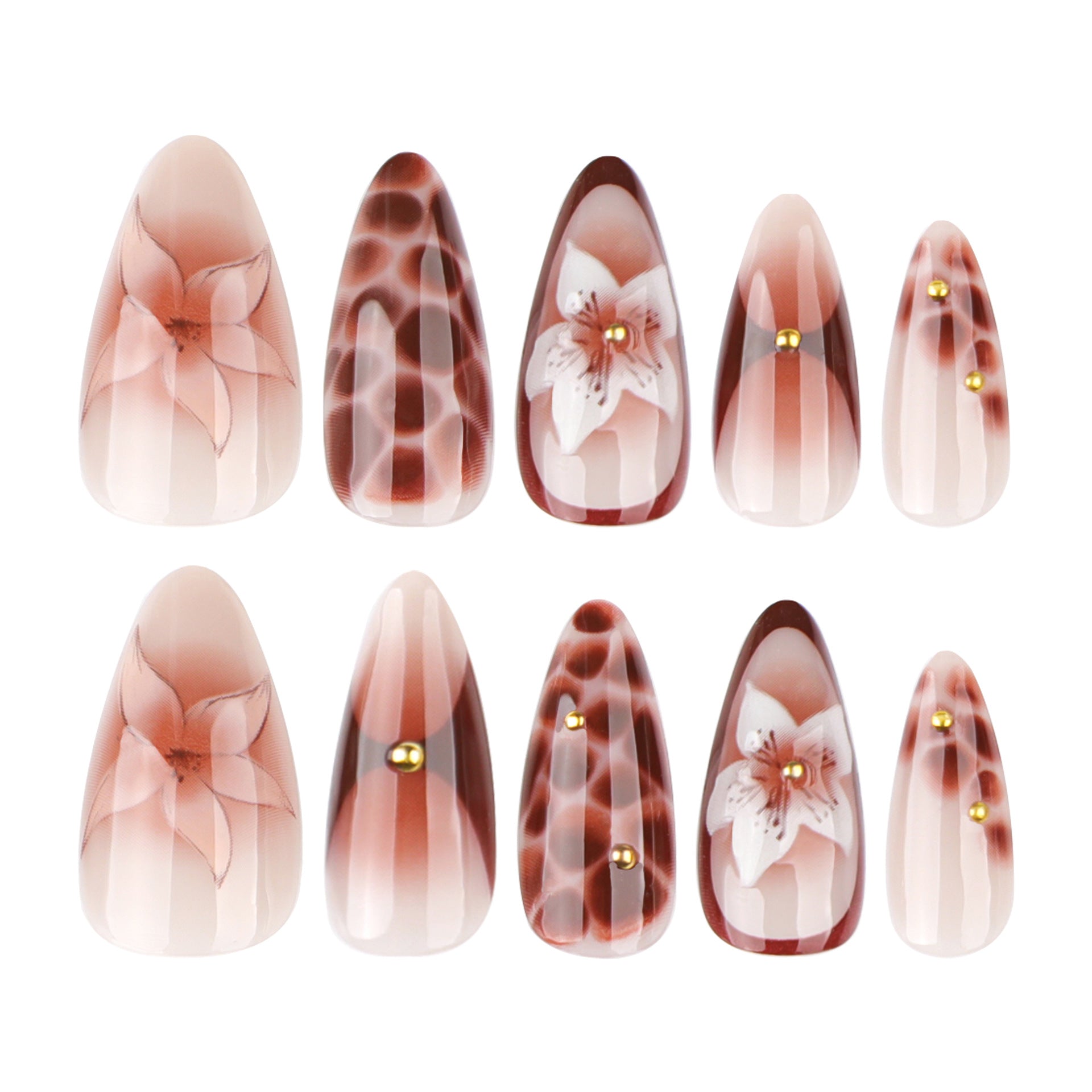 Almond Nägel Press On Nails mit Braunen Marmor Rissen und 3D Blüten