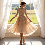 Besticktes Midikleid für Damen, Champagnerfarben, A-Linie mit Pailletten, Elegantes Abendkleid mit 3/4-Arm