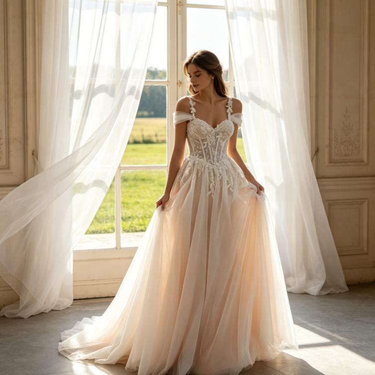 Maxikleid mit Off-Shoulder-Trägern und floraler Spitze – A-Linie – Champagner/Rosé