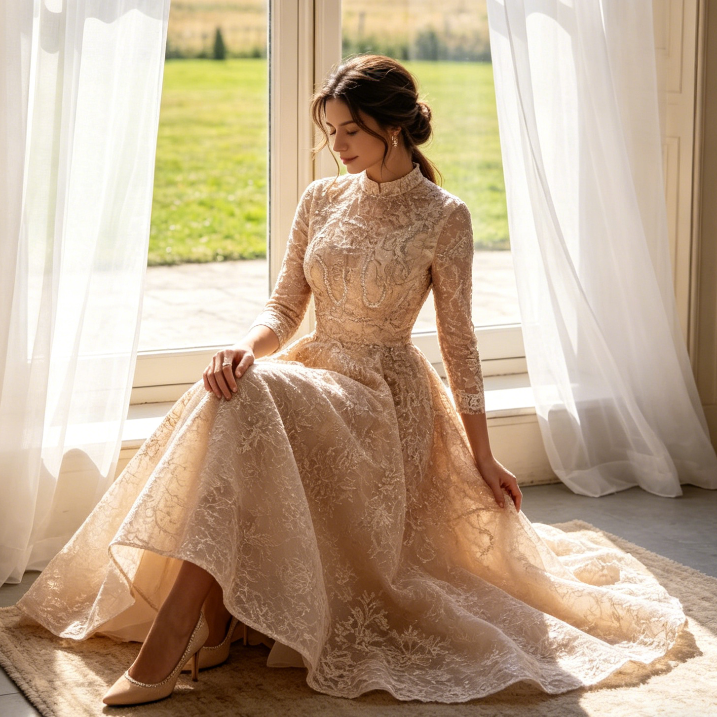 Besticktes Midikleid für Damen, Champagnerfarben, A-Linie mit Pailletten, Elegantes Abendkleid mit 3/4-Arm