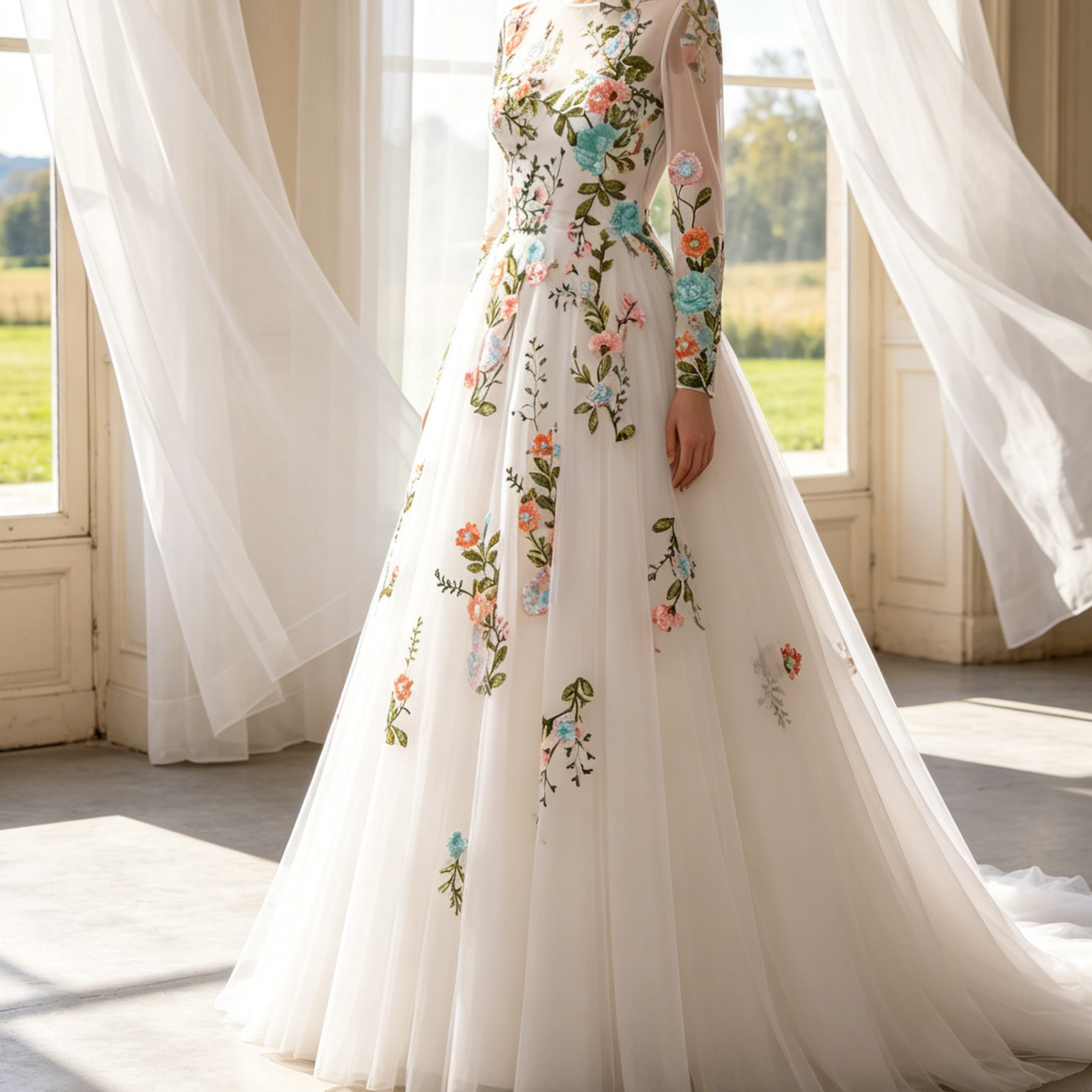 Exklusives Maxikleid in Elfenbein – Elegantes Modell mit kunstvoller Stickerei, fließendem Tüll und langen Ärmeln