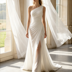 Exklusives Maxikleid in strahlendem Weiß – Elegantes Meerjungfrau-Modell mit modernem Karree-Ausschnitt und edler Pinsel-Schleppe
