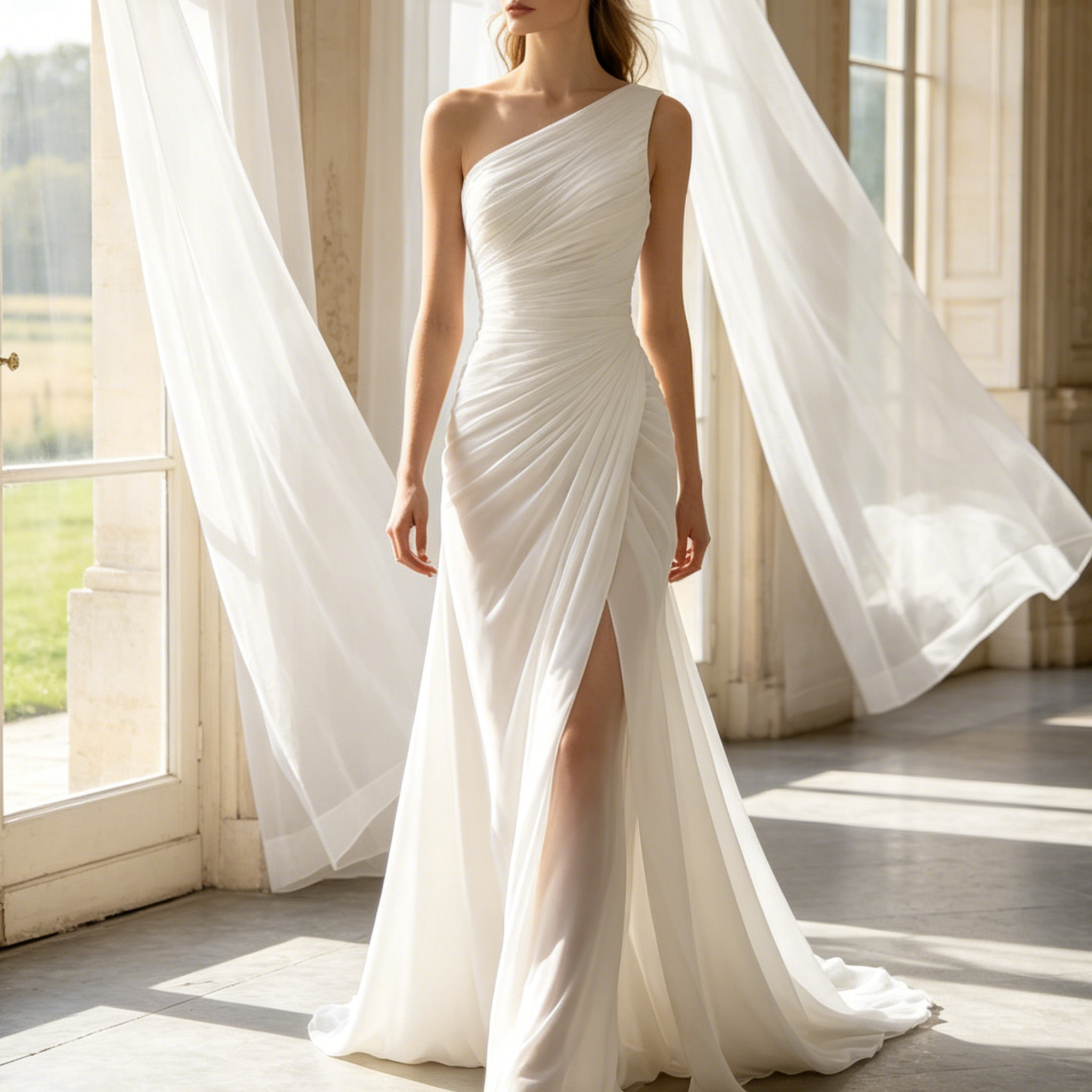 Exklusives Maxikleid in strahlendem Weiß – Elegantes Meerjungfrau-Modell mit modernem Karree-Ausschnitt und edler Pinsel-Schleppe