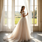Maxikleid mit Off-Shoulder-Trägern und floraler Spitze – A-Linie – Champagner/Rosé