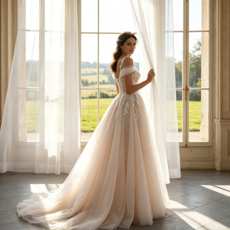 Maxikleid mit Off-Shoulder-Trägern und floraler Spitze – A-Linie – Champagner/Rosé