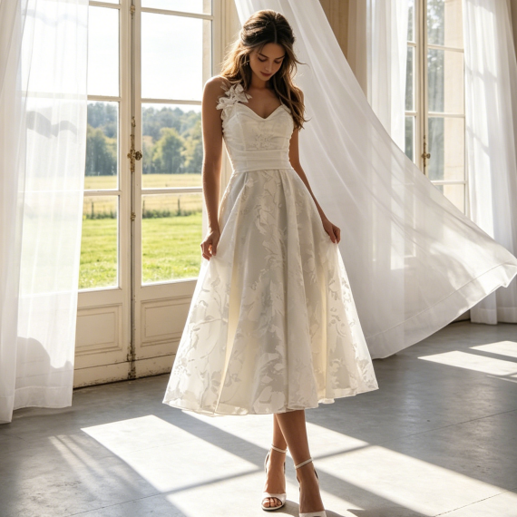 Jacquard-Abendkleid in Midilänge – Elegantes Cocktailkleid mit floralem Muster