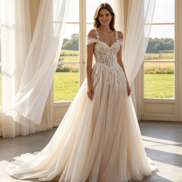 Maxikleid mit Off-Shoulder-Trägern und floraler Spitze – A-Linie – Champagner/Rosé