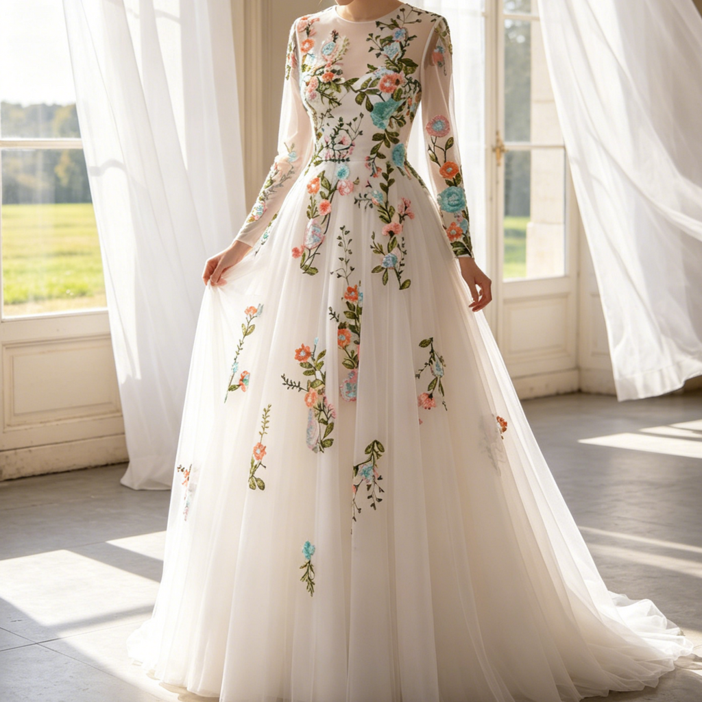 Exklusives Maxikleid in Elfenbein – Elegantes Modell mit kunstvoller Stickerei, fließendem Tüll und langen Ärmeln
