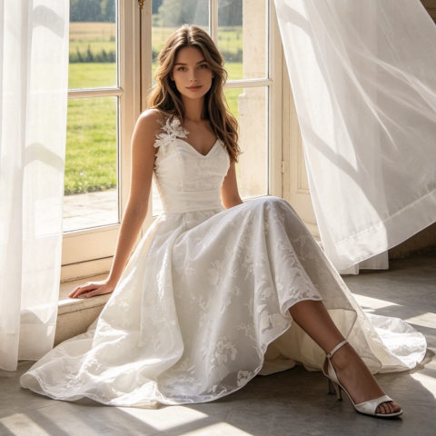 Jacquard-Abendkleid in Midilänge – Elegantes Cocktailkleid mit floralem Muster
