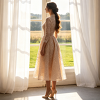 Besticktes Midikleid für Damen, Champagnerfarben, A-Linie mit Pailletten, Elegantes Abendkleid mit 3/4-Arm