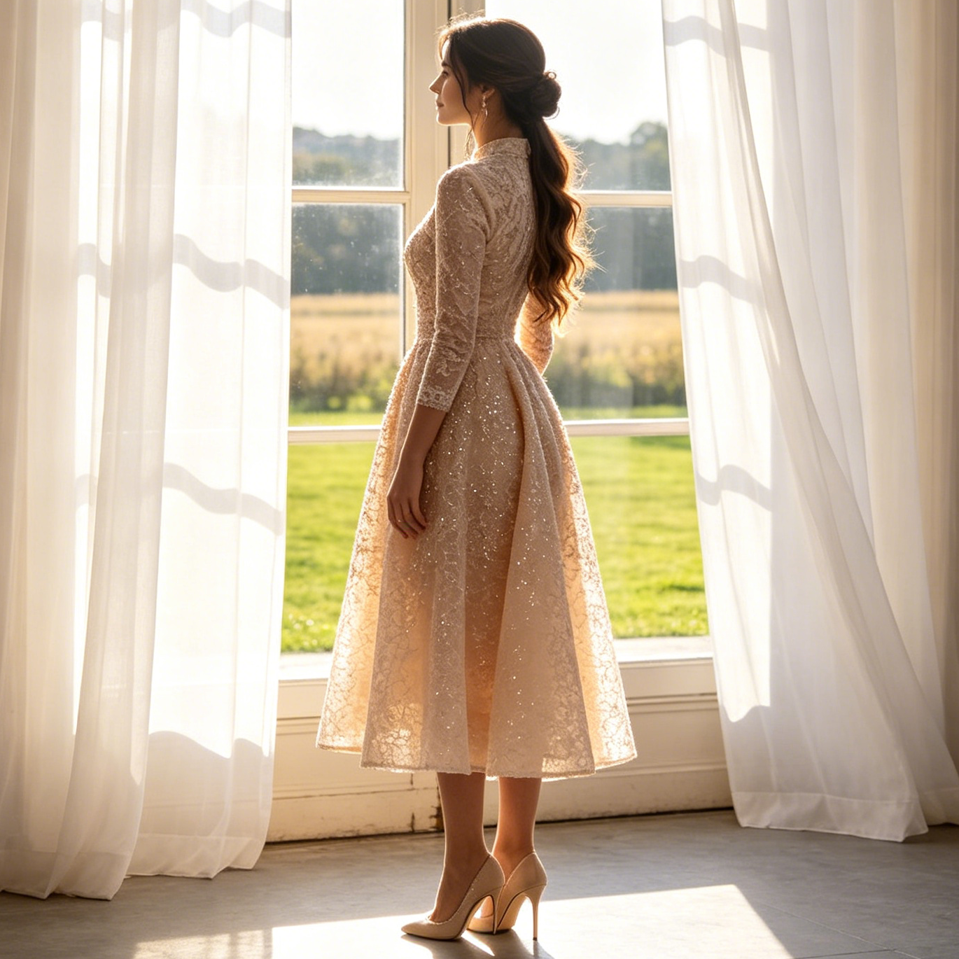 Besticktes Midikleid für Damen, Champagnerfarben, A-Linie mit Pailletten, Elegantes Abendkleid mit 3/4-Arm