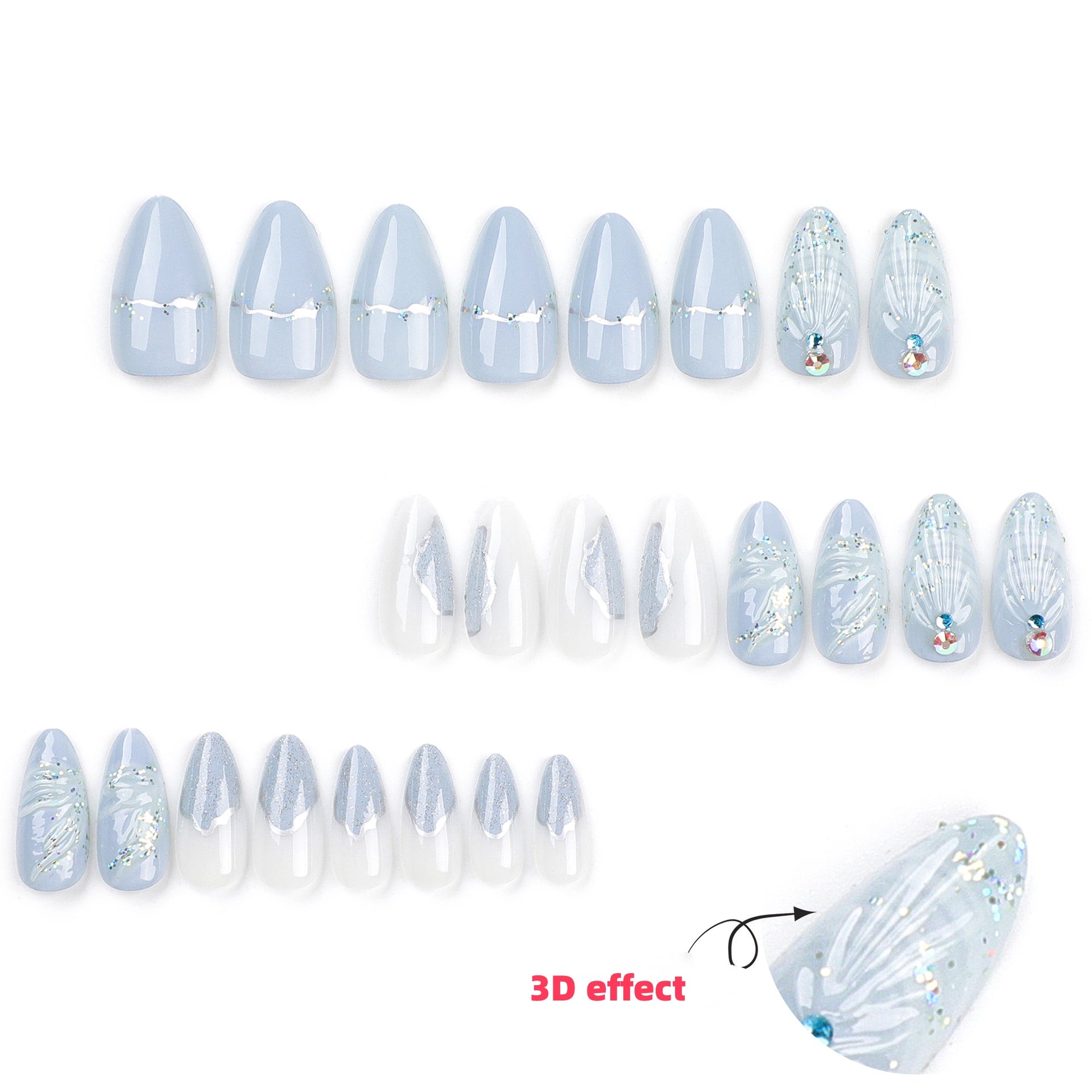 Almond Nägel Press On Nails in Blau mit 3D Wassertropfen Muscheln